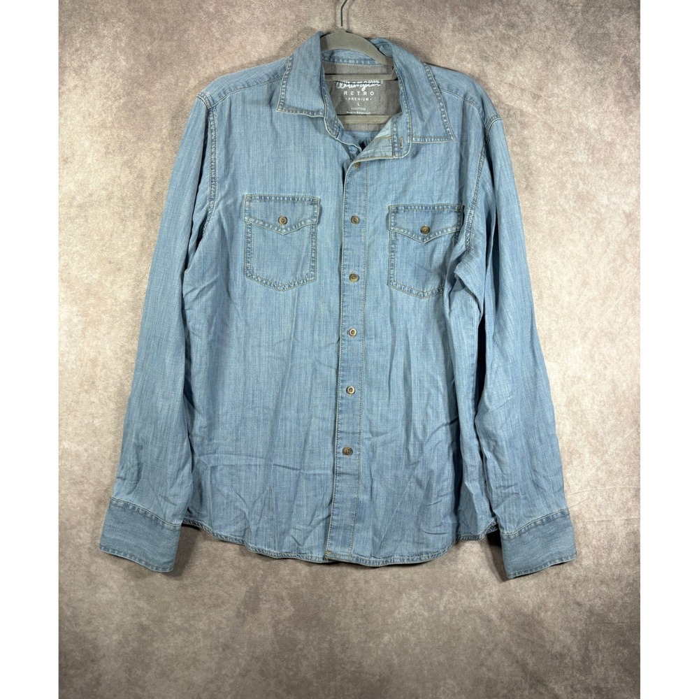 Wrangler Button Up Shirt Women Large Blue Retro Premium Chambray Western Cowgirl
